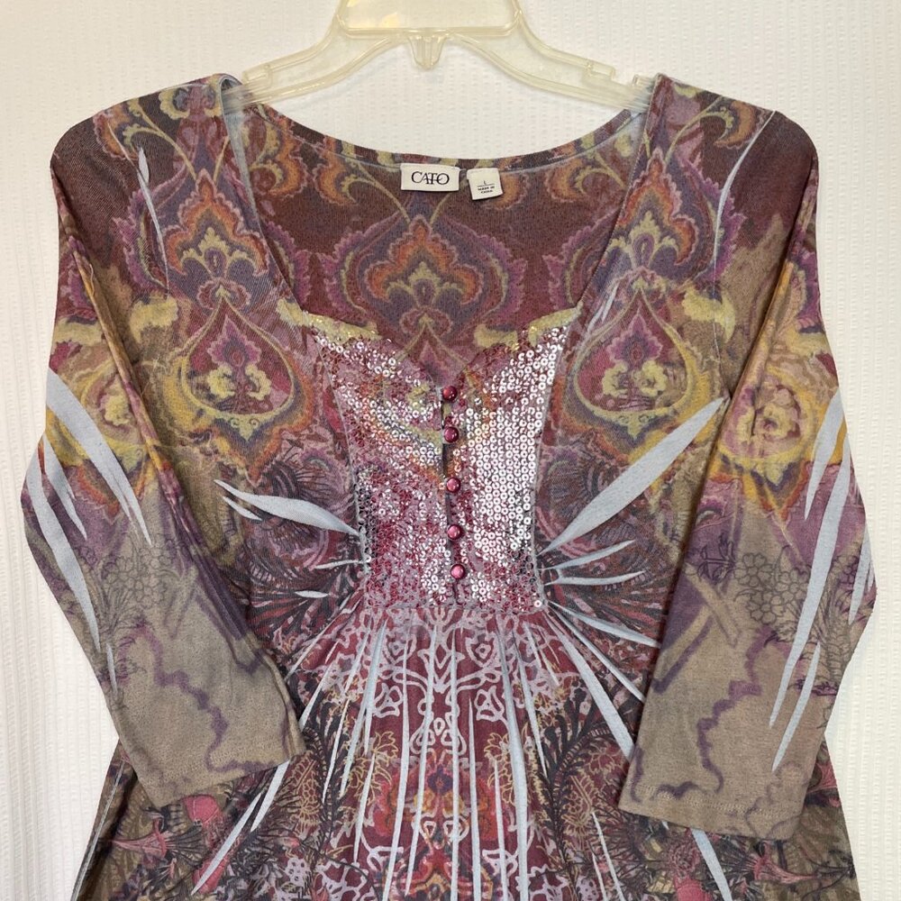 Cato Paisley Print Maroon 3/4 Sleeve Shirt Women's Size L Casual Pullover Top